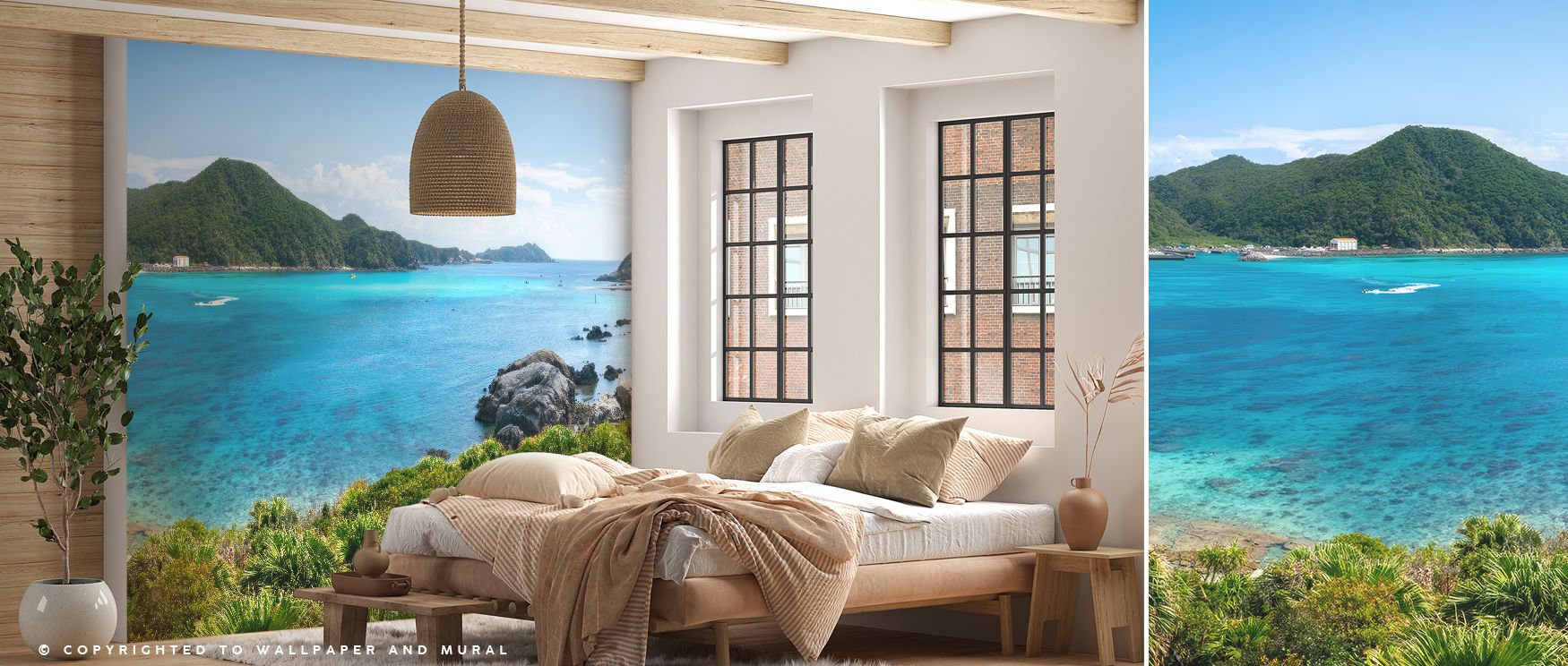The Aharen Bay Scenic Wallpaper illustrates tropical elegance with scenic tones. Its imagery conveys refinement, enriching bedrooms, offices, or shared interiors with decorative charm and coastal artistry.