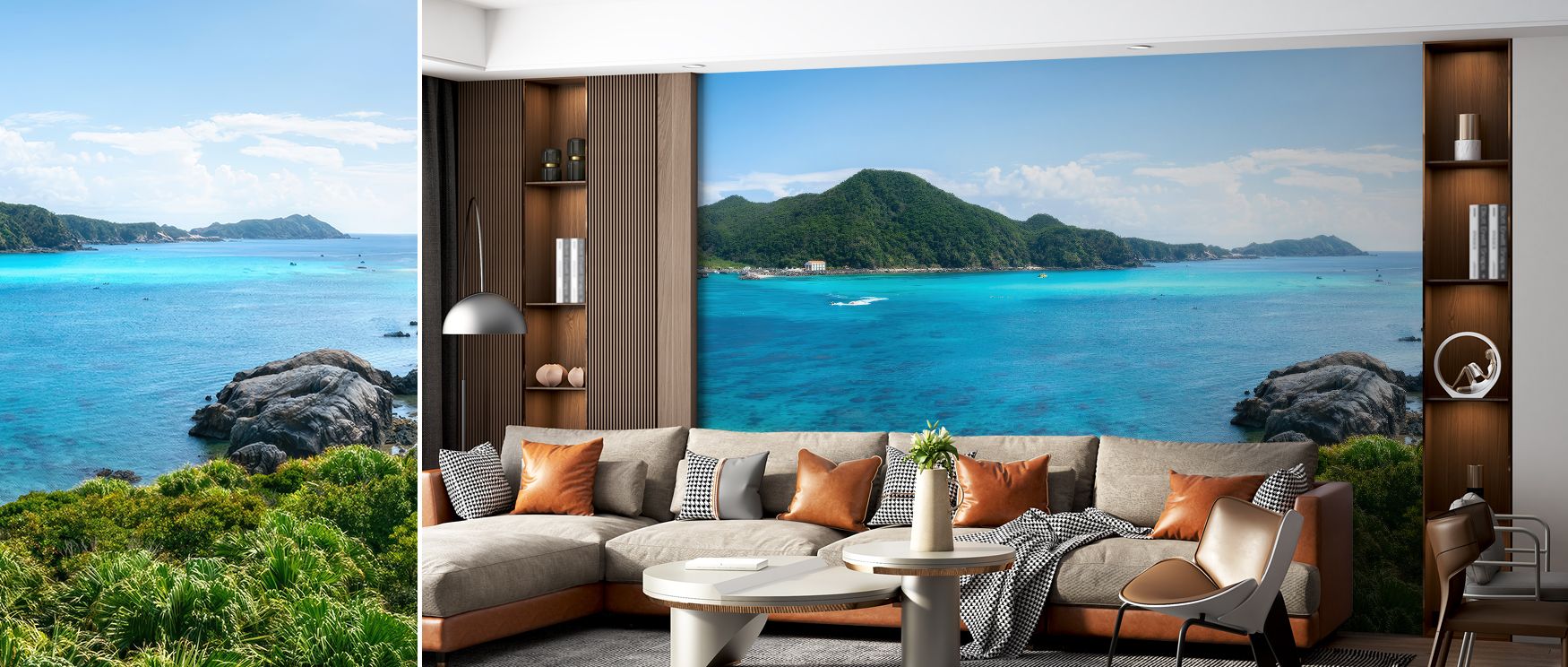 Aharen Bay Scenic Wallpaper conveys balance with horizon-inspired tones arranged in flow. Its design reflects charm, uplifting bedrooms, offices, or living areas with decorative freshness and tropical elegance.