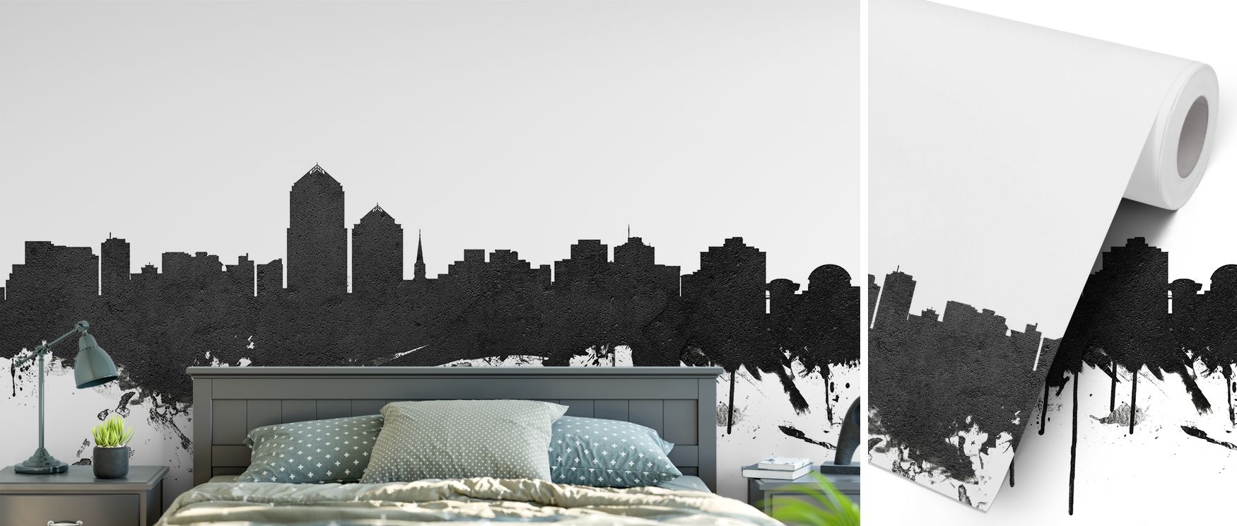 Albuquerque skyline wallpaper mural in black and white, ideal for living rooms or offices, featuring bold architectural imagery that transforms walls into stylish urban canvases filled with Southwestern charm and modern minimalist design sophistication. 