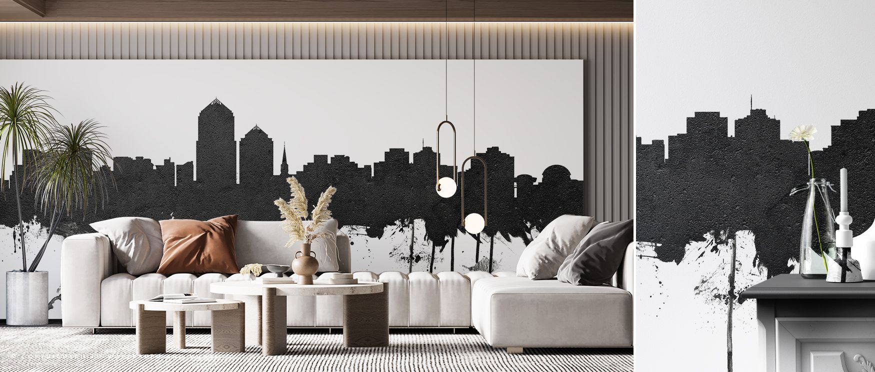 Decorative Albuquerque cityscape mural wallpaper in striking black and white tones, perfect for bedrooms or creative studios, providing versatile modern backdrops that inspire interiors with architectural charm, Southwestern identity, and timeless eleganc