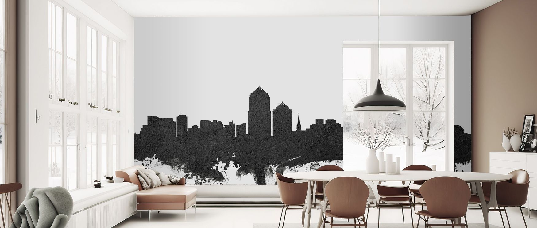 Albuquerque skyline wall mural wallpaper showcasing bold contrasts in monochrome tones, suitable for living spaces or offices, creating stylish contemporary interiors filled with Southwestern city charm and architectural sophistication. 