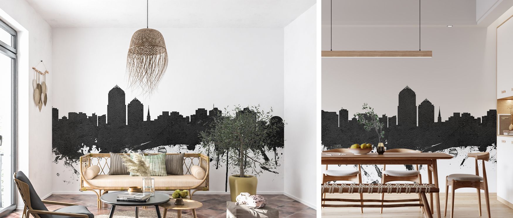 Albuquerque skyline black and white wallpaper mural with detailed outlines, suitable for offices or study areas, offering stylish minimalist imagery that enriches interiors with modern cosmopolitan style and cultural Southwestern character. 