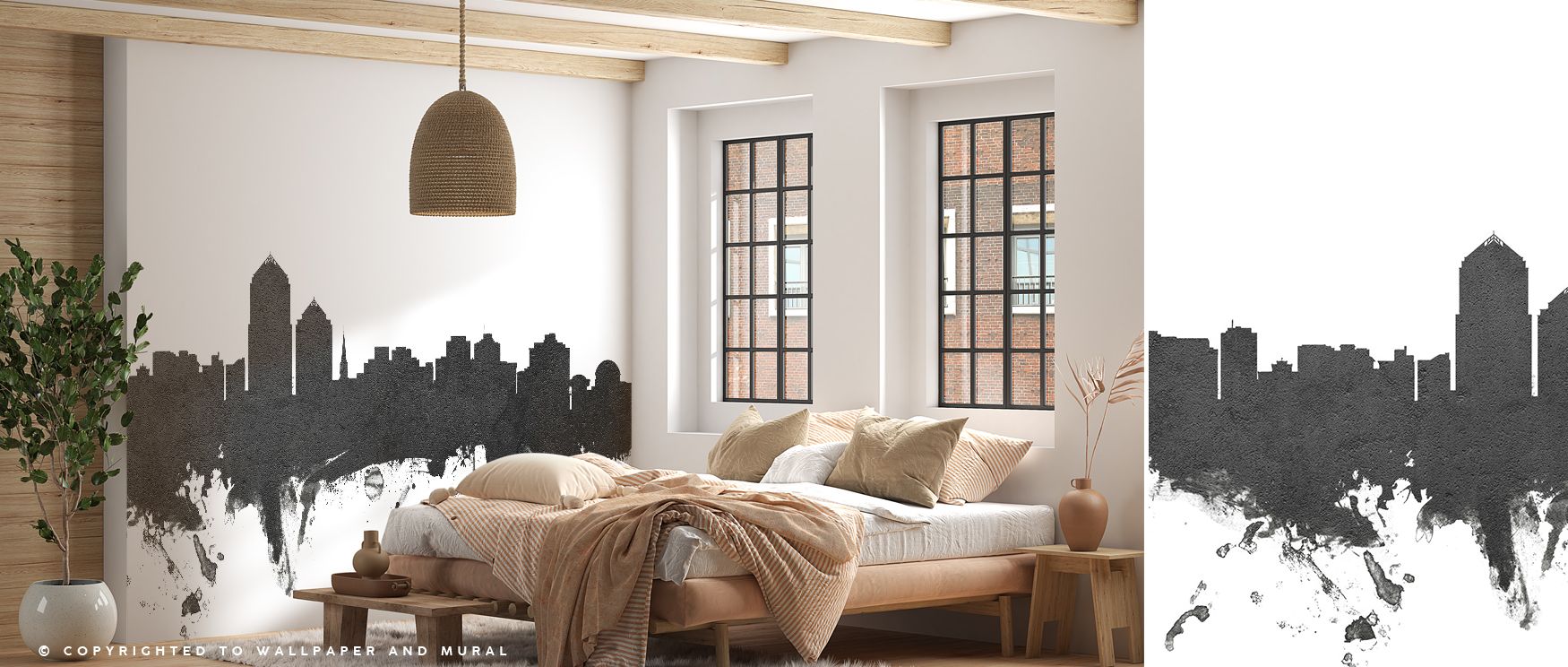 Artistic Albuquerque New Mexico city skyline mural wallpaper featuring monochrome tones, perfect for living rooms or dining areas, turning walls into elegant urban features that reflect Southwestern pride and sophisticated modern design. 
