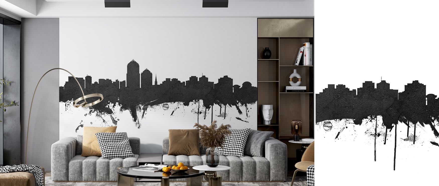Decorative Albuquerque skyline wallpaper mural filled with architectural silhouettes in black and white, enhancing modern interiors with timeless elegance, Southwestern cultural pride, and versatile design that adapts to minimalist décor. 