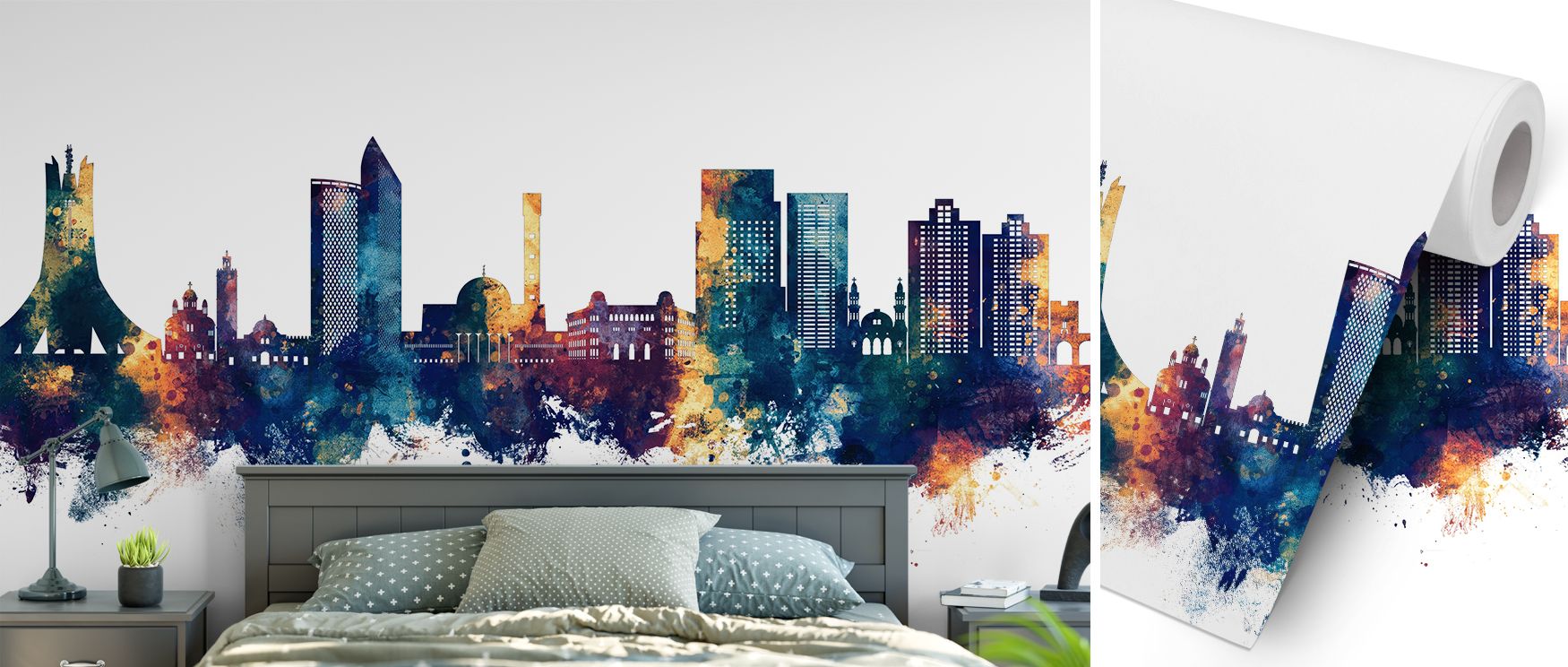 Algiers skyline wallpaper mural with blue and bronze accents, ideal for living rooms or bedrooms, enriching interiors with Algerian cultural charm while transforming walls into bold artistic canvases filled with vibrant decorative sophistication. 