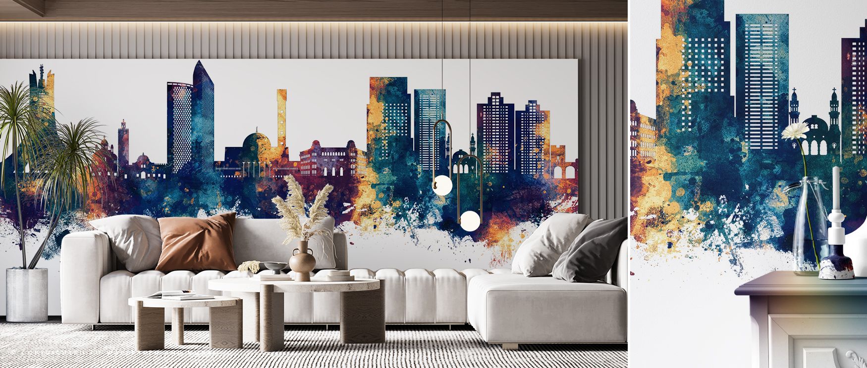 Decorative Algiers city skyline mural wallpaper featuring rich bronze and deep blue tones, suitable for offices or creative spaces, creating interiors that blend cultural identity with modern cosmopolitan design and bold contemporary flair. 