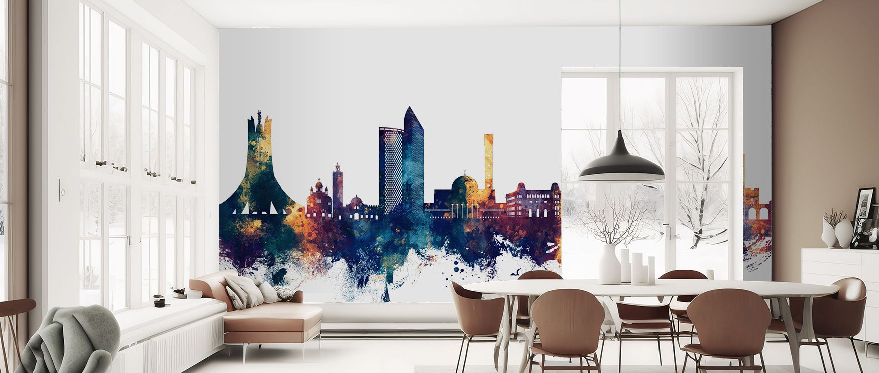 Algerian skyline wallpaper mural with striking blue and bronze palette, ideal for offices or living rooms, turning walls into bold cultural statements filled with sophistication, artistry, and cosmopolitan design. 