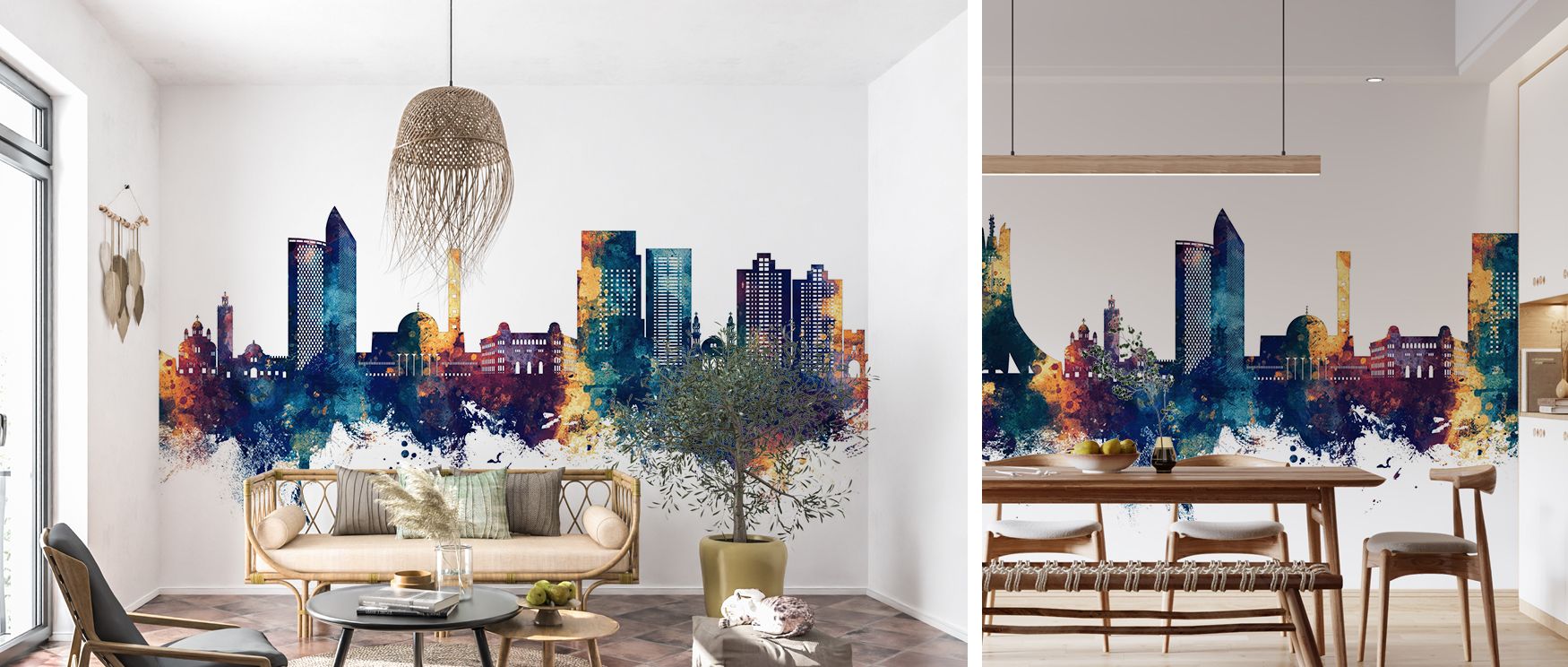 Vibrant Algiers skyline mural wallpaper enriched with artistic blue and bronze contrasts, perfect for bedrooms or dining areas, offering stylish decorative accents that inspire cultural pride and modern interior sophistication. 