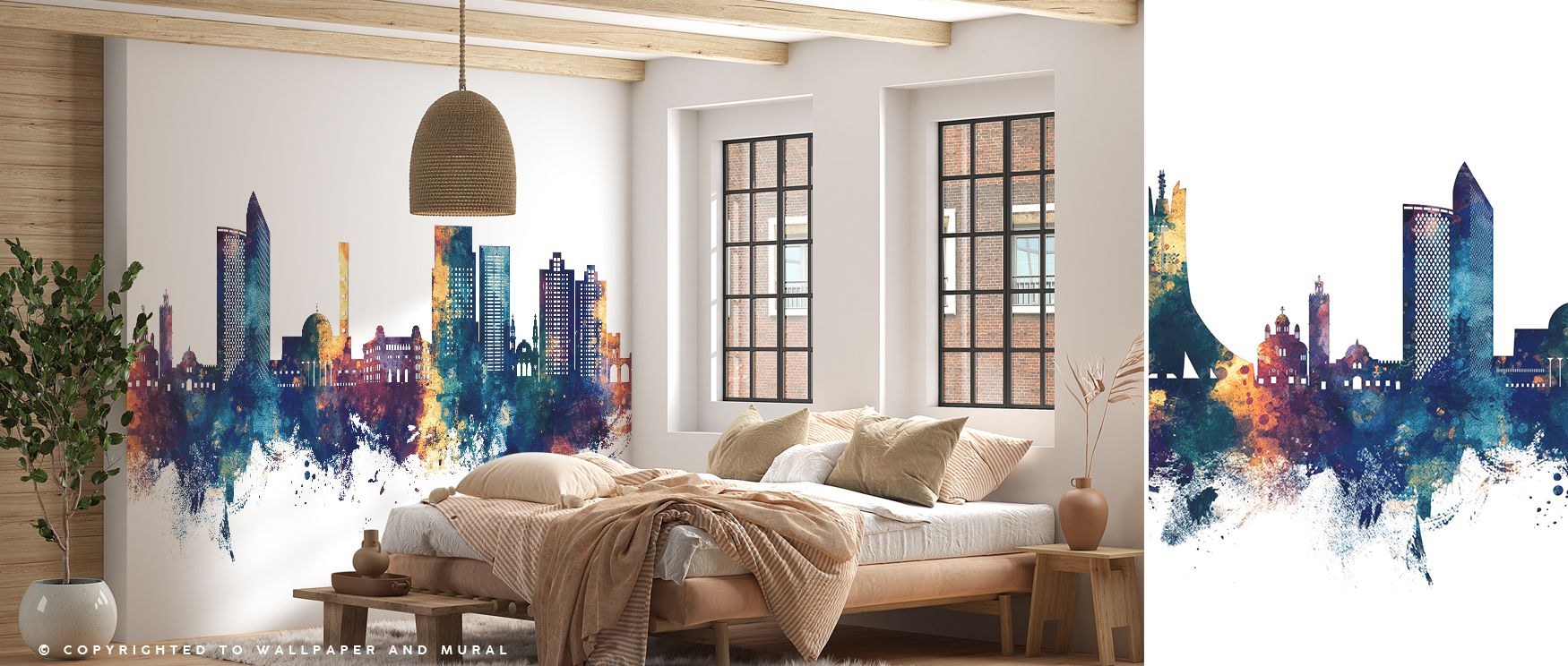 Contemporary Algiers skyline wallpaper mural with layered blue and bronze imagery, ideal for living rooms or offices, providing bold decorative features that uplift walls with cultural energy and cosmopolitan design. 