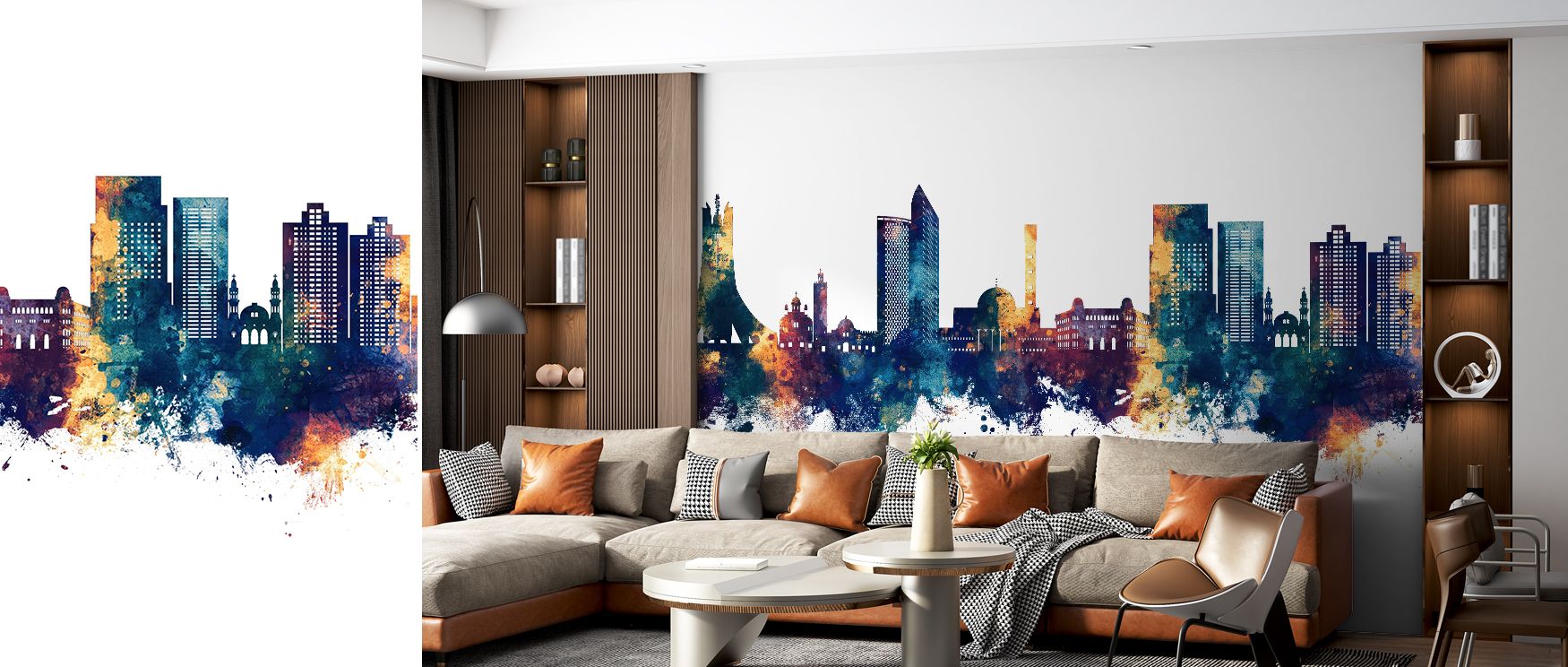 Decorative Algerian skyline mural wallpaper showcasing city outlines in bronze and blue, perfect for modern homes where living spaces are enriched with cultural artistry, stylish accents, and bold decorative sophistication. 
