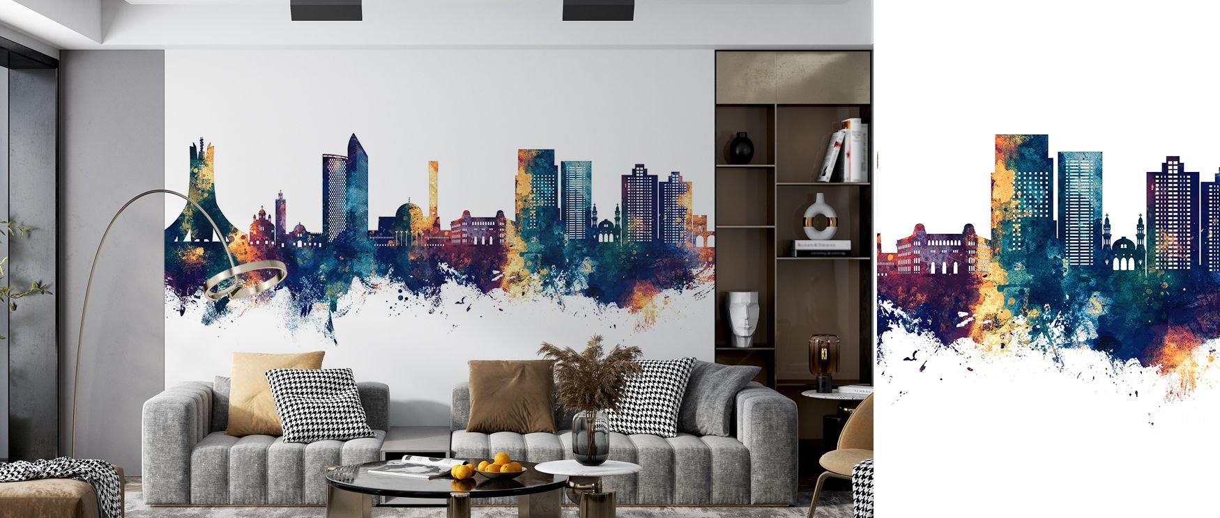 Artistic Algiers skyline mural wallpaper with vibrant tones, suitable for bedrooms or lounges, enhancing interiors with bold cultural energy, modern decorative imagery, and stylish cosmopolitan character. 