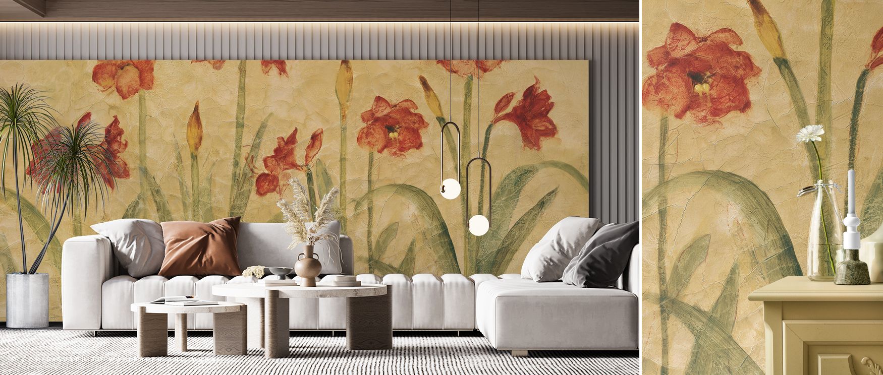 Amaryllis floral wallpaper mural enriched with delicate blossoms, ideal for dining areas or bedrooms, providing floral-inspired decorative backdrops that enrich interiors with elegance, tranquility, and stylish charm. 