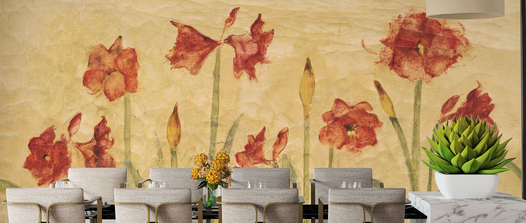 Amaryllis row floral mural wallpaper showcasing lush blossoms, perfect for lounges or offices, offering decorative floral artistry that uplifts interiors with natural elegance, charm, and stylish sophistication. 