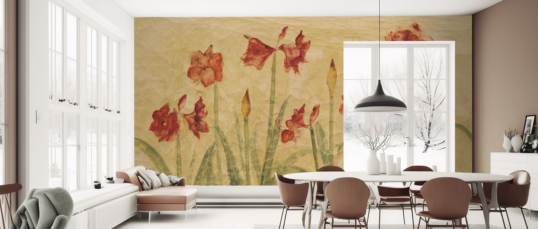 Decorative floral amaryllis wallpaper mural enriched with detailed blossoms, ideal for bedrooms or study areas, turning walls into floral features filled with elegance, natural tranquility, and timeless charm. 