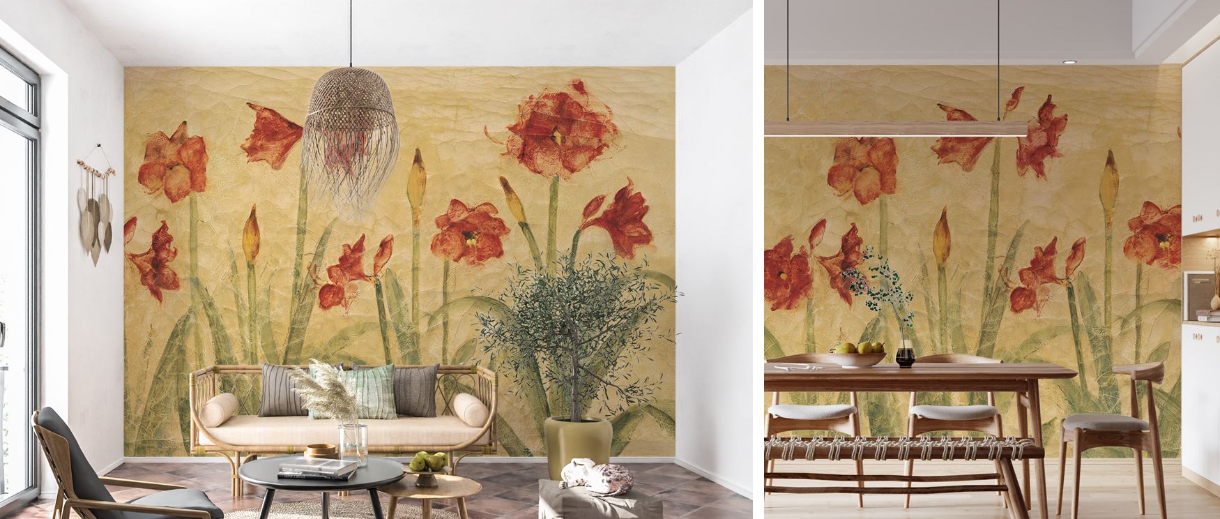 Artistic amaryllis row floral wallpaper mural with detailed blooms, suitable for living rooms or lounges, offering decorative features that enhance interiors with floral elegance, natural charm, and timeless refinement. 