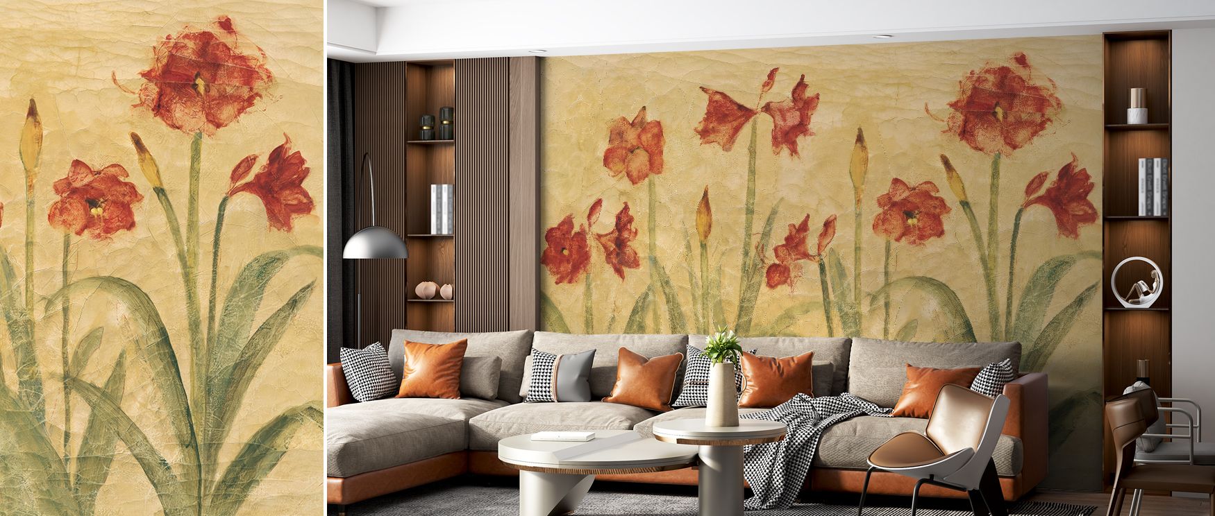 Elegant amaryllis row wallpaper mural with floral patterns, ideal for hallways or offices, providing decorative accents that transform plain walls into natural canvases filled with grace, floral sophistication, and timeless charm. 
