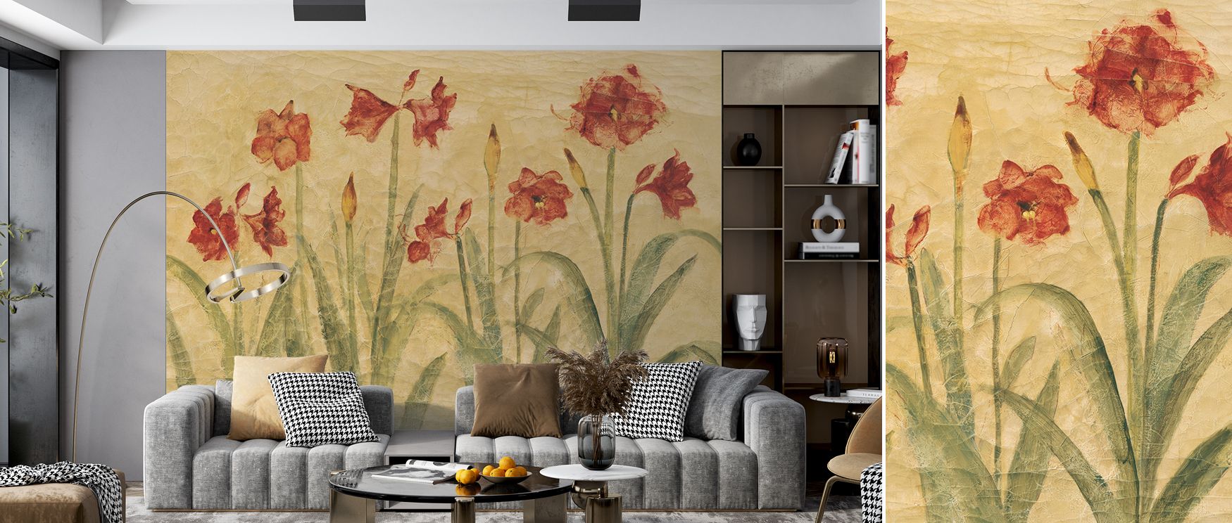 Floral amaryllis wallpaper mural enriched with detailed blooms, suitable for bedrooms or dining rooms, creating decorative features that enhance interiors with natural beauty, timeless elegance, and floral refinement. 