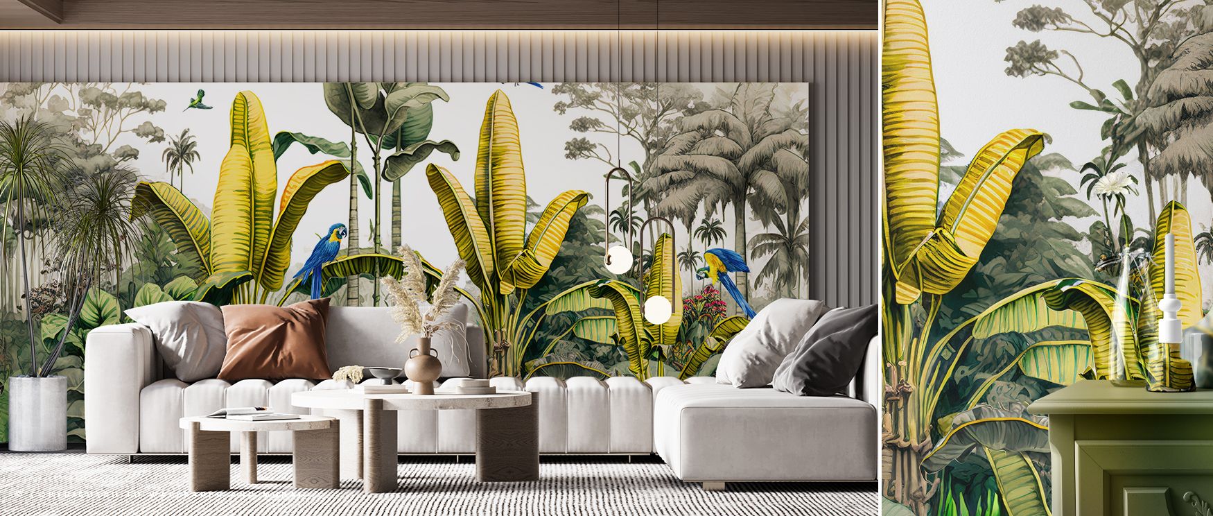 A wall covering filled with oversized leaves and detailed plant textures, drawing inspiration from tropical rainforests, ideal for adding exotic drama in living rooms, soothing natural calm in bedrooms, and revitalizing freshness in office interiors that 