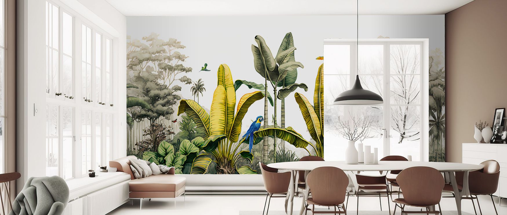 A lush rainforest inspired wallpaper design that layers greenery in rich tones to transform plain walls into immersive jungle escapes, offering vibrancy and calm for bedrooms, tropical energy for living rooms, and creative inspiration for office settings 