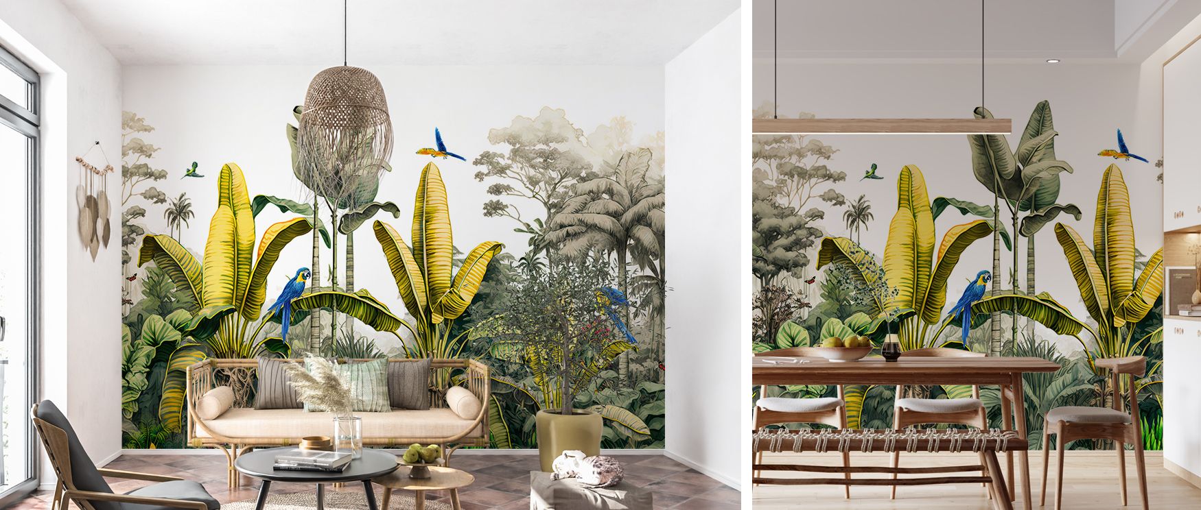 A rainforest wallpaper design alive with botanical richness, blending shades of green in layered harmony, perfect for creating immersive jungle walls that transform bedrooms into retreats, living rooms into exotic escapes, and offices into vibrant and sty