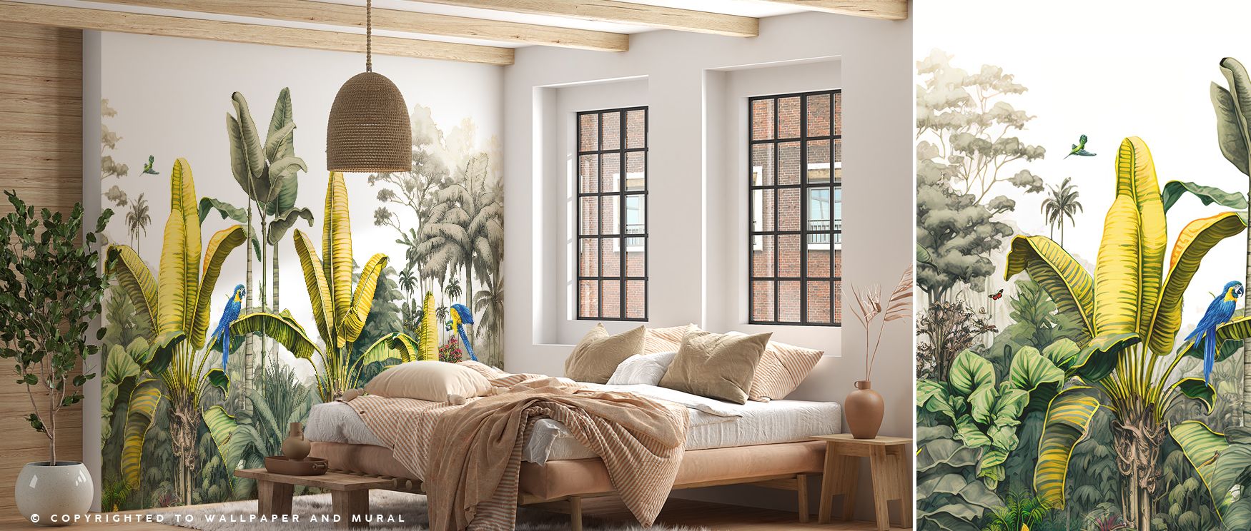 A detailed tropical foliage wallpaper featuring layers of jungle plants that bring natural vibrancy to interior spaces, capturing freshness in bedrooms, energy in offices, and bold design statements in living rooms with its lush and immersive rainforest i