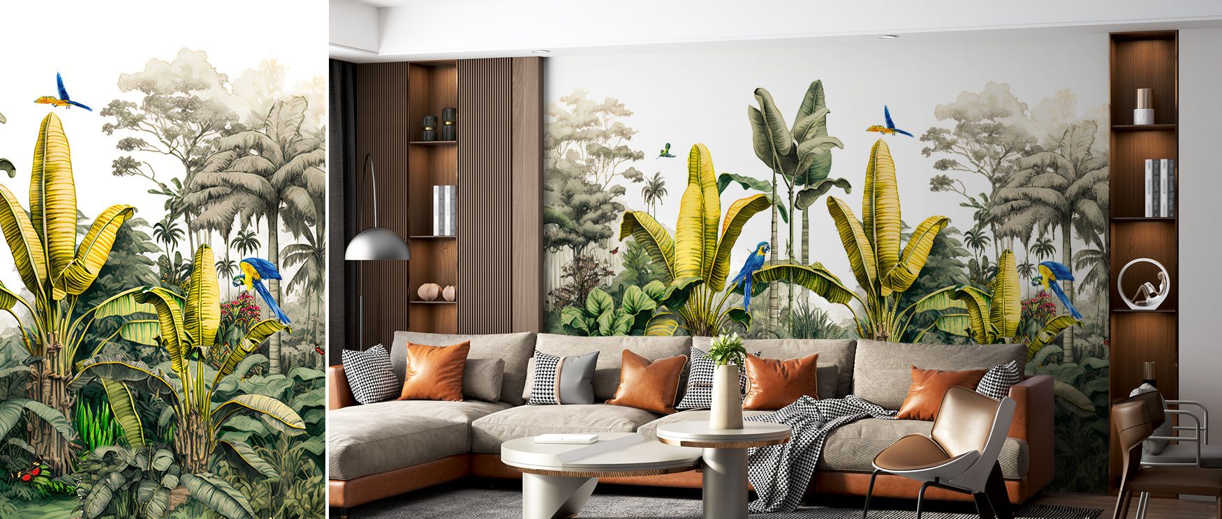 A botanical inspired wall design that channels the richness of the Amazon rainforest, with overlapping leaves creating natural depth and vibrant green tones that enhance bedrooms, offices, and living rooms with equal charm, offering both tranquility and t