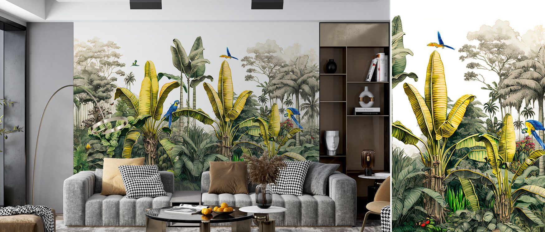 A wallpaper filled with dense tropical foliage that creates an atmosphere of wild beauty and natural freshness, ideal for adding bold accents in living rooms, calming retreats in bedrooms, and energizing backdrops in offices, making interiors come alive w