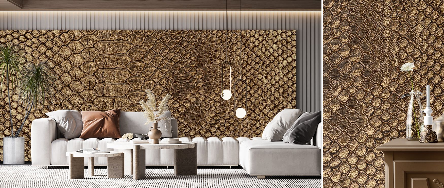 A foliage inspired wallpaper showcasing lush tropical leaves with layered tones of green, designed to add exotic vibrancy to bedrooms, dramatic focus to living rooms, and energizing natural flair to offices, bringing interiors alive with rainforest myster