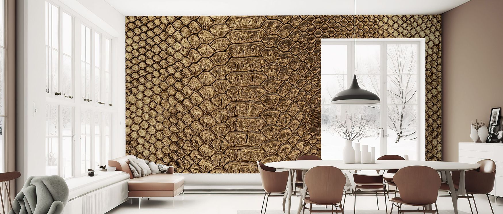 A tropical inspired design with bold foliage patterns that create an immersive jungle atmosphere, offering interiors natural freshness and wild charm, making bedrooms, living rooms, and offices feel more alive and connected to nature’s mysterious beauty. 