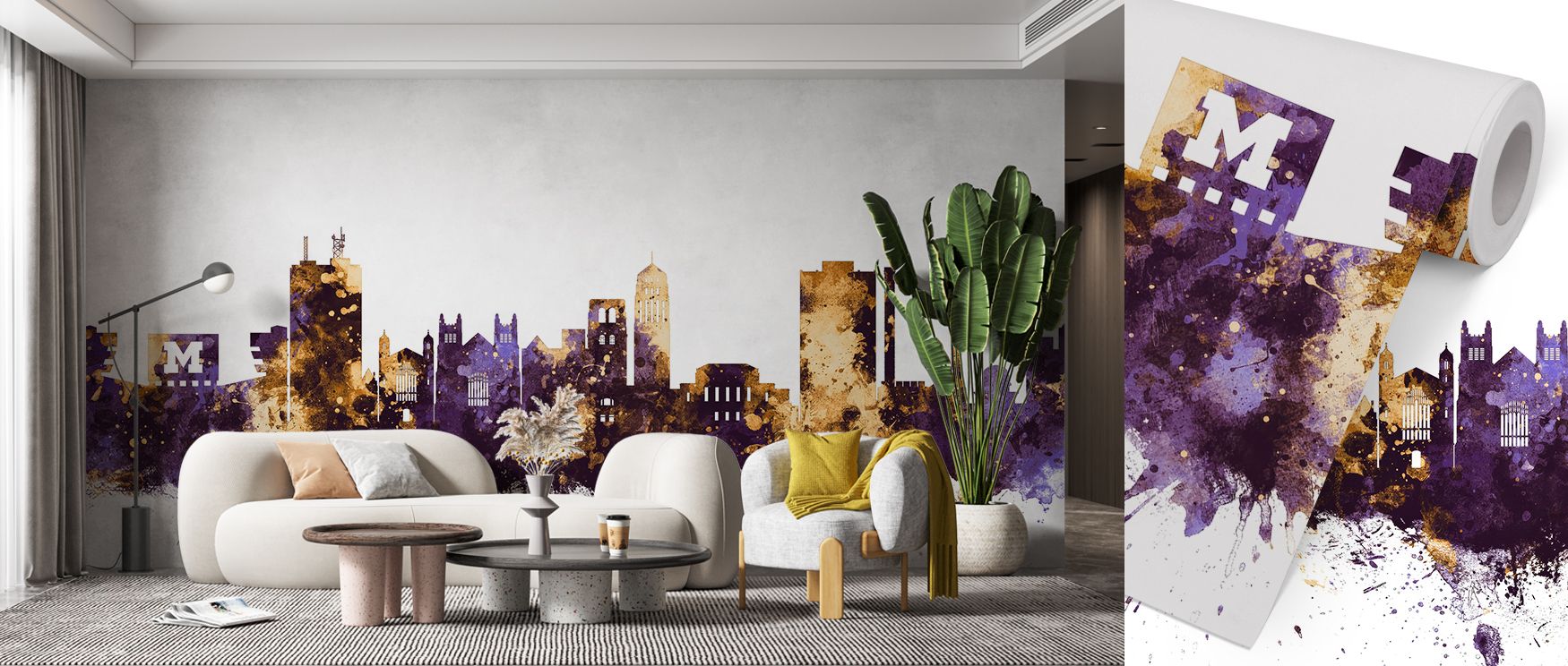 A wall design showcasing Ann Arbor’s skyline in rich purple and gold shades, perfect for transforming living rooms into dramatic spaces, bedrooms into stylish retreats, and offices into creative environments with bold city pride and timeless design. 