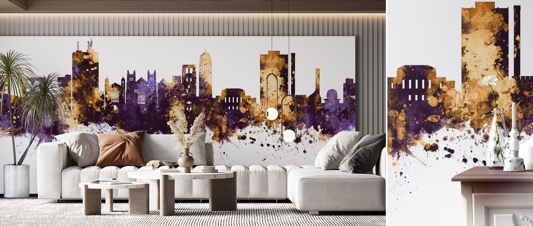 A cityscape wallpaper design that captures Ann Arbor with vibrant purple and gold details, enhancing living rooms with dramatic character, bedrooms with sophisticated calm, and offices with pride and creativity, offering a unique urban inspired interior s