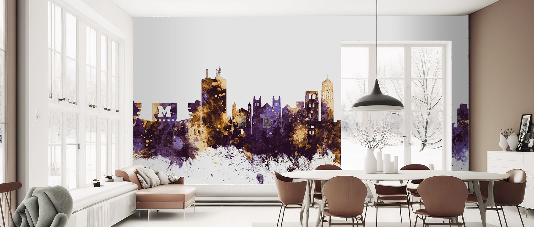 A city inspired wallpaper that highlights Ann Arbor’s skyline with deep purple and shimmering gold, offering interiors bold vibrancy, stylish calm, and creative inspiration, equally suited for living rooms, bedrooms, and office settings that value modern 