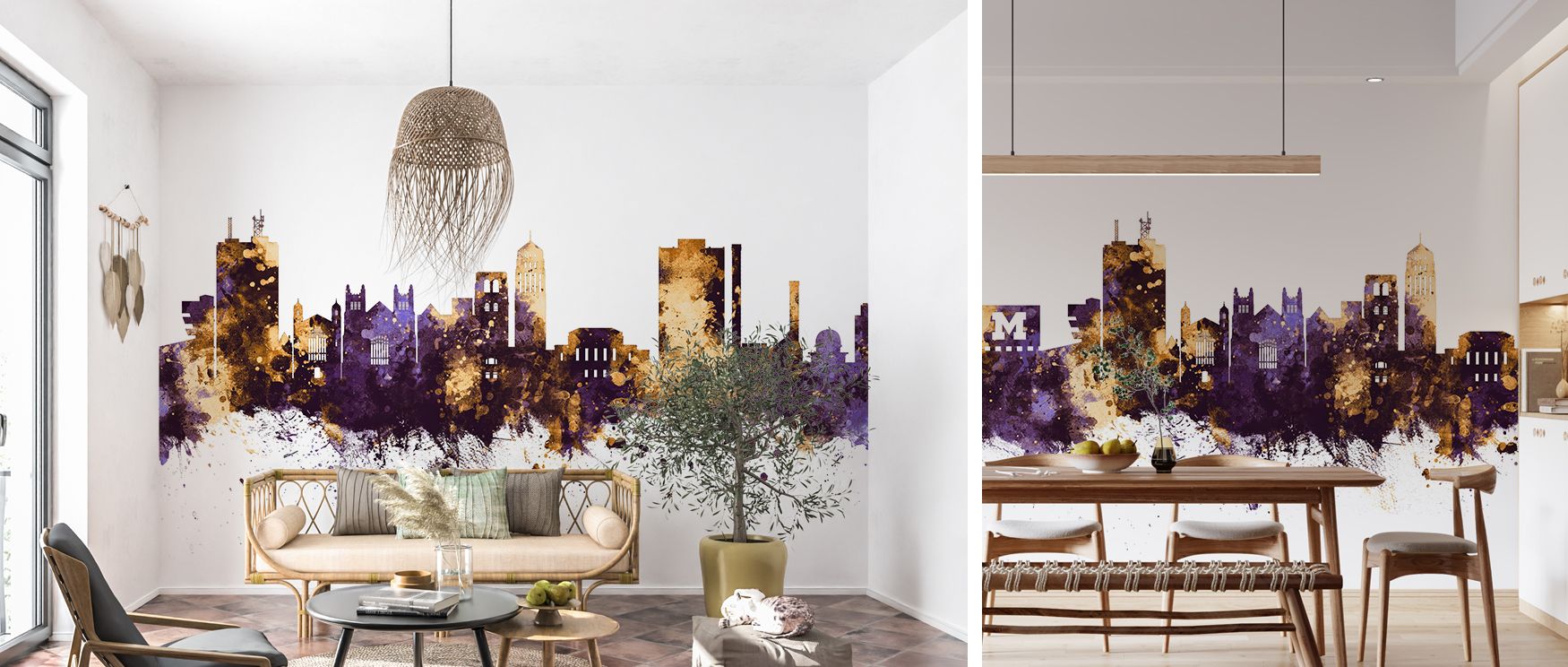 A wallpaper filled with the elegance of Ann Arbor’s skyline, designed in shades of purple and gold that bring energy to living spaces, calm charm to bedrooms, and creative inspiration to office interiors, blending city pride with modern sophistication. 