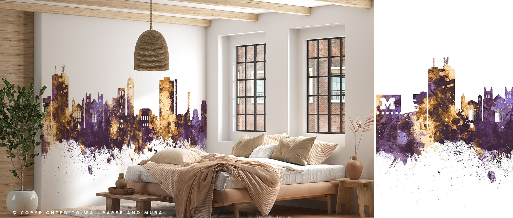 A city skyline wallpaper showcasing Ann Arbor in purple and gold, offering dramatic vibrancy for living rooms, calming style for bedrooms, and creative flair for office walls, making interiors alive with both urban inspiration and timeless sophistication.