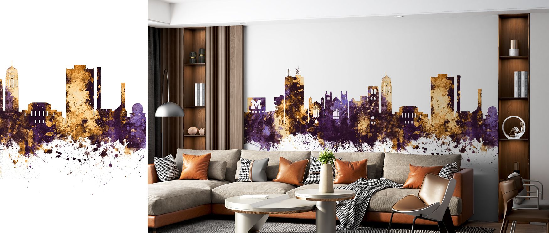 A wallpaper design inspired by the Ann Arbor skyline, with bold purple and gold tones that add modern character to living spaces, stylish calm to bedrooms, and creativity to offices, reflecting both city pride and contemporary elegance in every interior. 