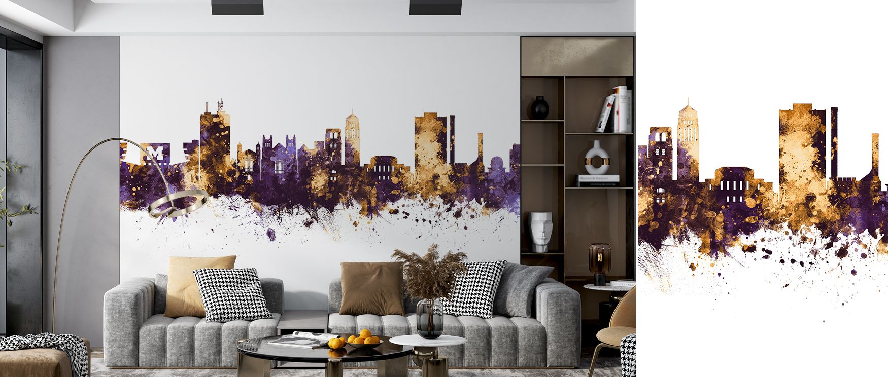 A wall covering with the Ann Arbor cityscape in purple and gold tones, creating dramatic energy in living rooms, stylish atmosphere in bedrooms, and inspiring environment in offices, balancing urban charm with bold contemporary style for interiors. 