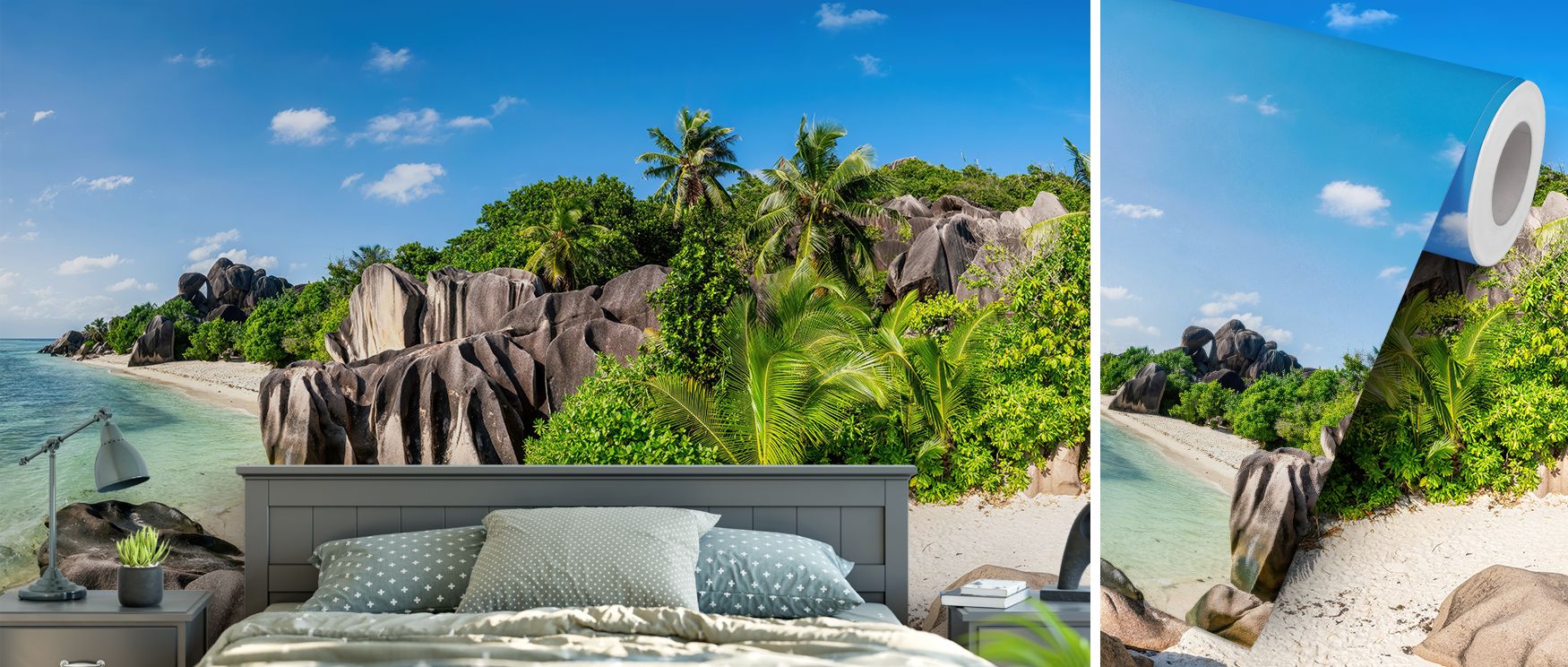 A tropical inspired wallpaper capturing island serenity, designed with gentle tones and detailed coastal imagery that refresh living rooms, calm bedrooms, and inspire offices, bringing interiors closer to the soothing beauty of paradise. 