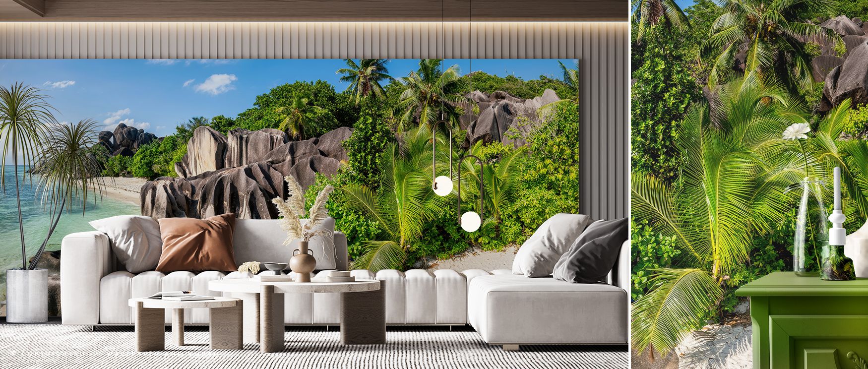 A coastal wallpaper alive with tropical imagery, featuring sweeping tones and serene island details that enhance bedrooms with calm retreats, living rooms with refreshing vibrancy, and offices with tranquil inspiration, bringing interiors closer to paradi