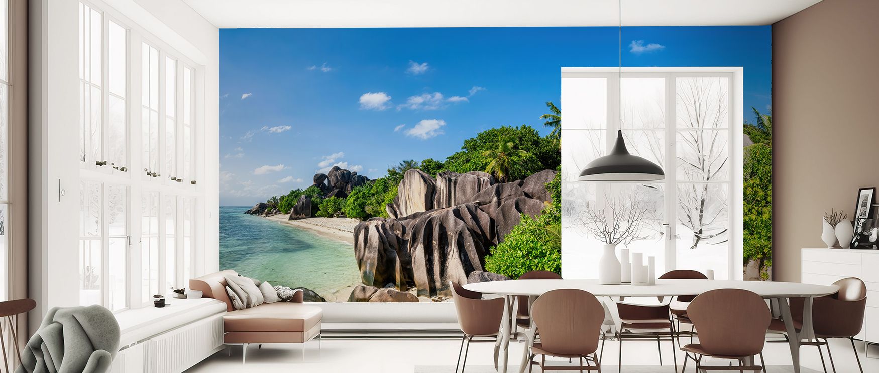 A coastal wallpaper filled with tropical charm and natural imagery, offering interiors refreshing vibrancy, calming atmosphere, and inspiring coastal presence, making living rooms, bedrooms, and offices feel closer to the timeless serenity of paradise. 