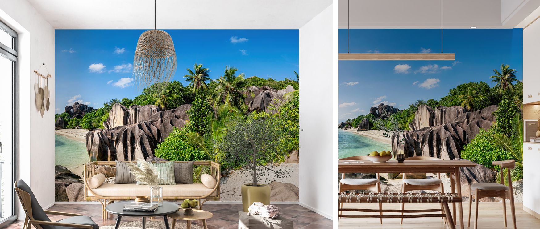 A wallpaper inspired by Anse Source d’Argent’s beauty, showcasing natural serenity with soft island tones, offering interiors refreshing atmosphere for living rooms, calming retreats for bedrooms, and peaceful charm for offices with timeless coastal appea