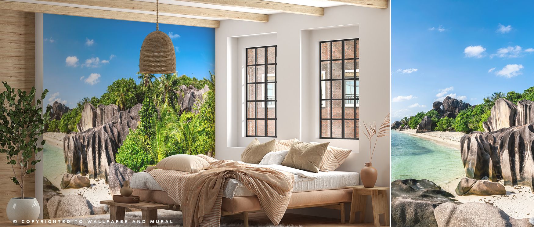 A tropical scene wallpaper capturing Seychelles shoreline beauty, with gentle tones and detailed island imagery that transform living rooms into refreshing escapes, bedrooms into calming sanctuaries, and offices into inspiring coastal retreats with ease. 