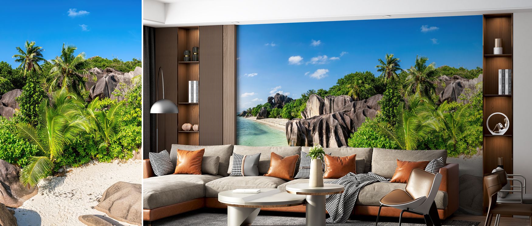 A scenic wall design inspired by paradise, filled with tropical shoreline imagery and calming tones that add vibrancy to living rooms, serenity to bedrooms, and refreshing inspiration to offices, creating interiors alive with the spirit of the coast. 
