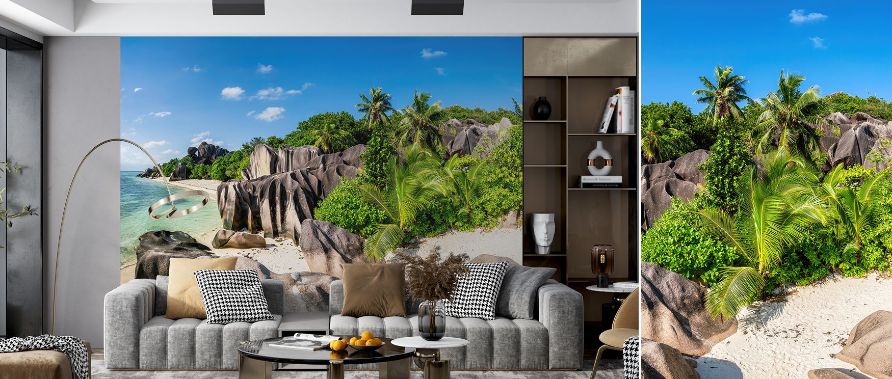 A wallpaper showcasing the tranquil island beauty of Anse Source d’Argent, designed with sweeping coastal details that bring vibrancy to living rooms, calm to bedrooms, and inspiring atmosphere to offices, blending tropical serenity with stylish elegance.