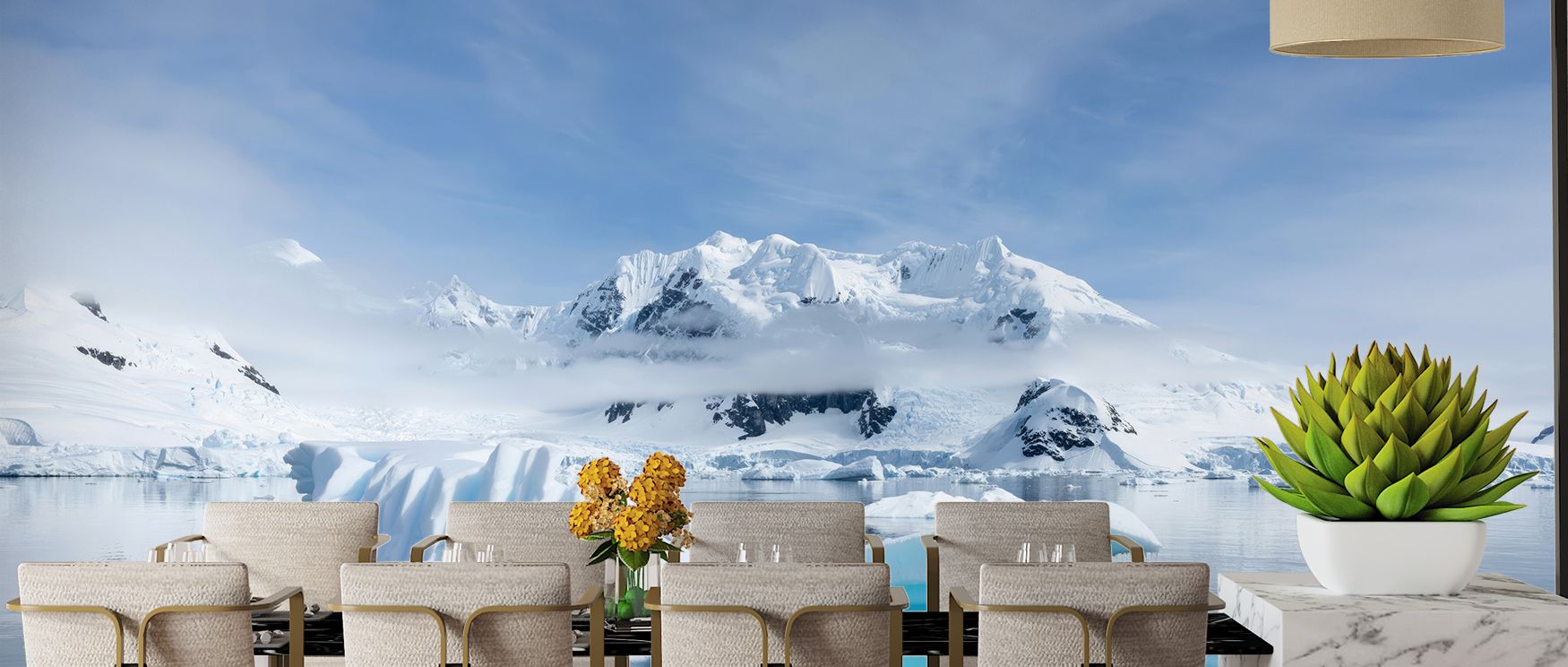 Cool tones cascade across surfaces, enriching bedrooms with calm atmosphere, energizing living rooms with refined beauty, and offices with inspiration, creating harmony through polar imagery. 