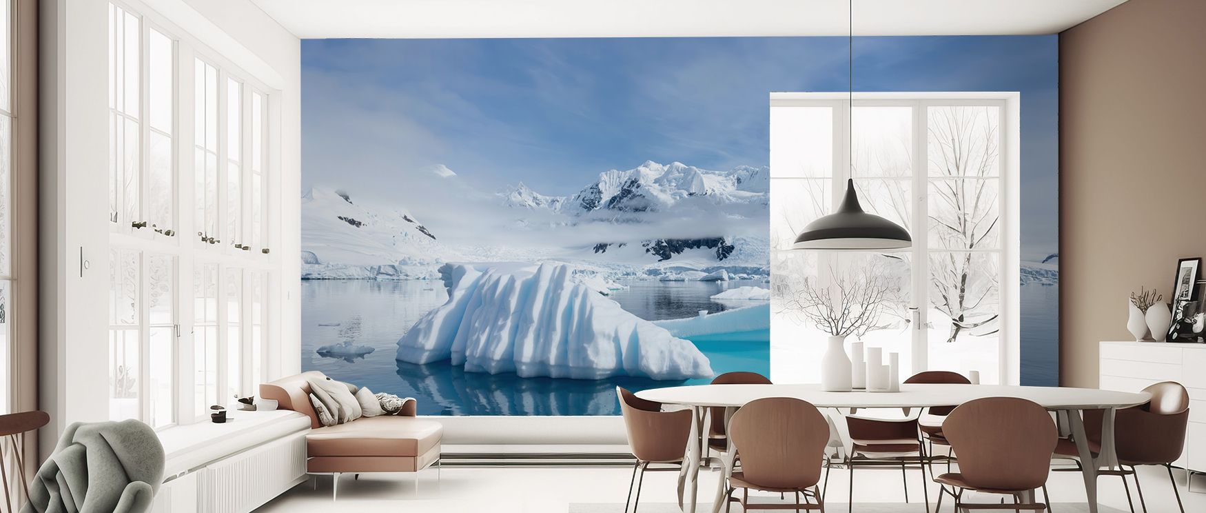 Crisp Antarctic scenery reshapes interiors with vibrancy and calm, offering serenity for bedrooms, elegance for living rooms, and focus for offices, ensuring walls feel timeless and refreshing. 