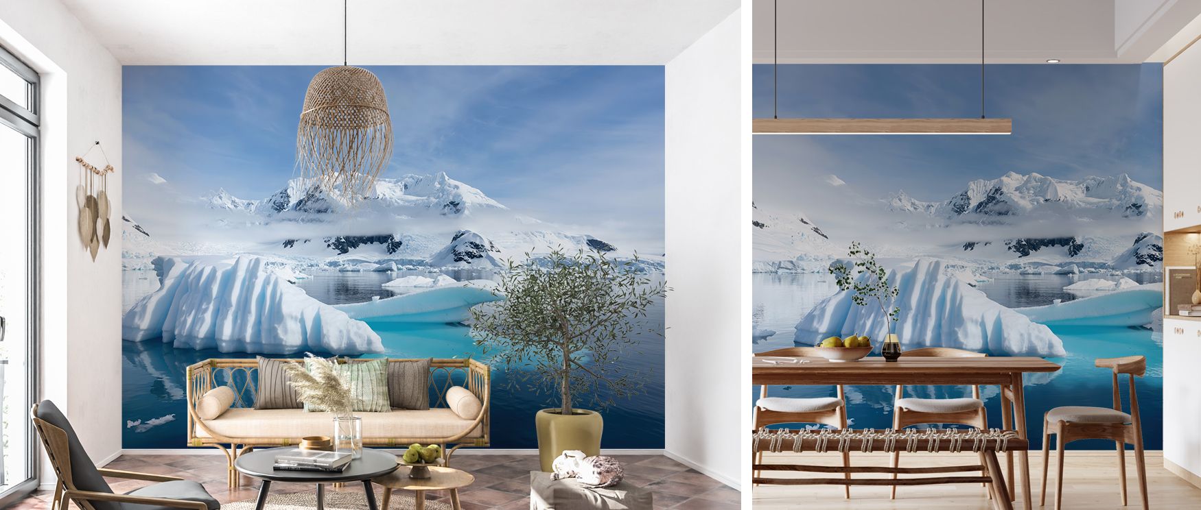 Natural coolness defines the design, offering clarity in bedrooms, vibrancy in living rooms, and serenity in offices, transforming plain walls into windows of polar beauty that inspire calm and balance. 
