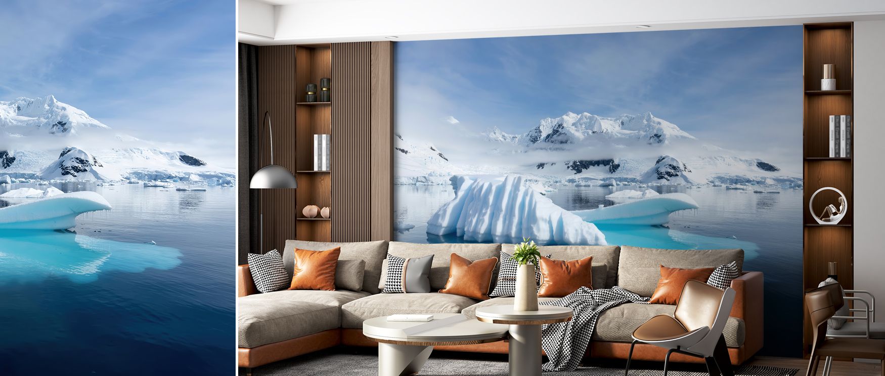 Antarctica’s character fills the wallpaper with tones of white and blue that brighten living spaces, soothe bedrooms, and refresh offices, blending untouched beauty with contemporary elegance. 