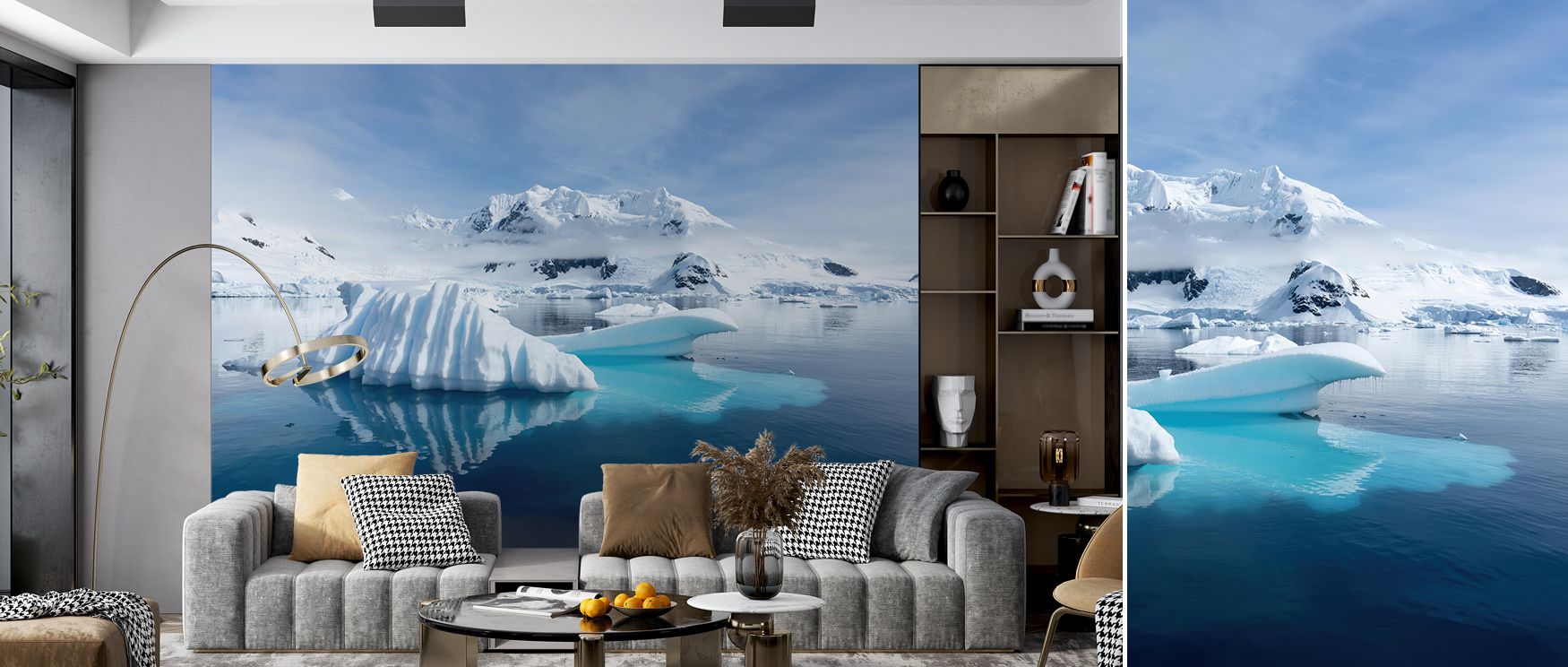 Icy landscapes inspire the design, enhancing bedrooms with rest, living rooms with sophistication, and offices with inspiration, making interiors feel airy, expansive, and calm. 