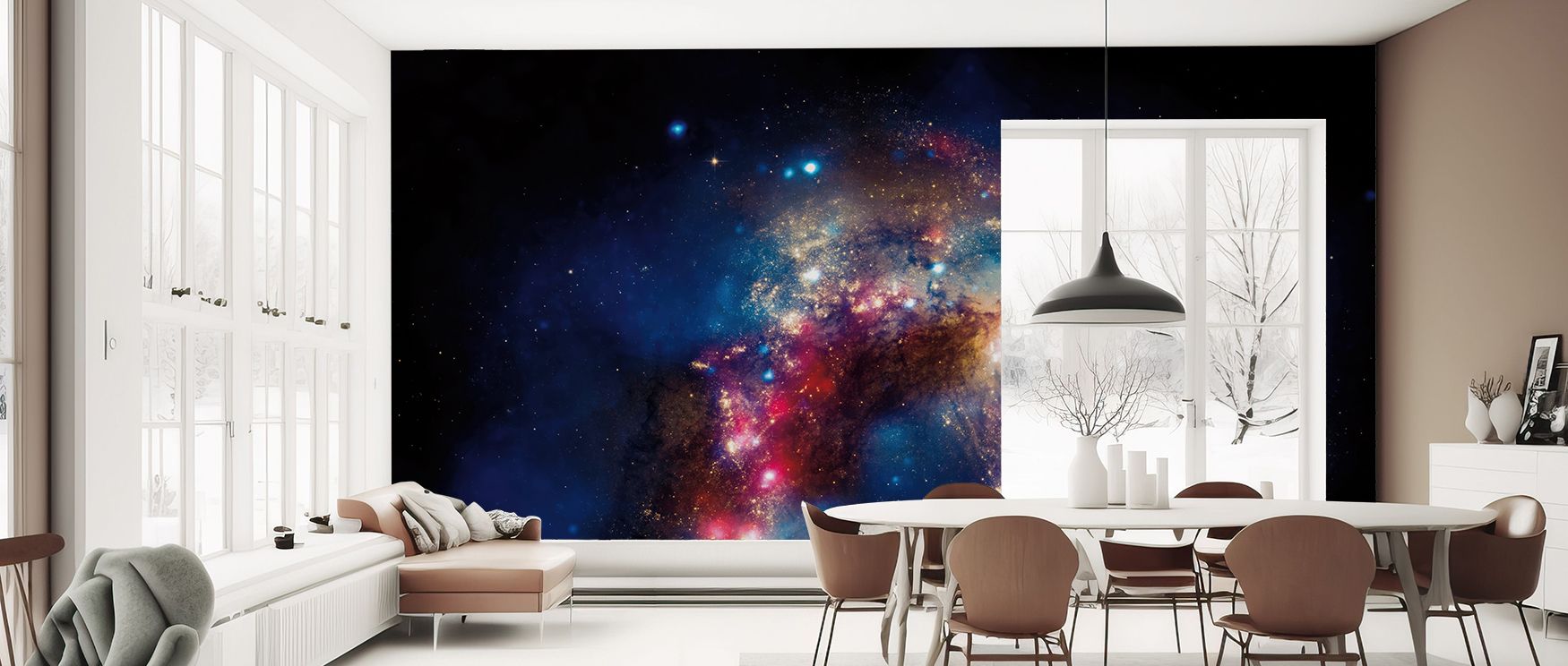 The wallpaper layers futuristic detail with abstract beauty, enriching bedrooms with elegance, living rooms with vibrancy, and offices with creativity, balancing calm and energy in one modern design. 