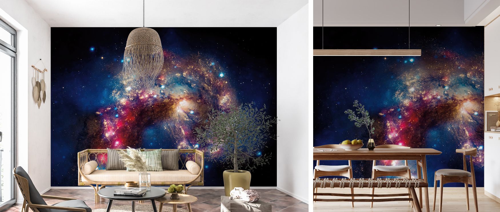 Complex layers of pattern enrich the wallpaper with futuristic depth, bringing serenity to bedrooms, vibrancy to living rooms, and creativity to offices, creating interiors alive with energy and modern flair. 